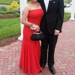 Red strapless mermaid prom dress